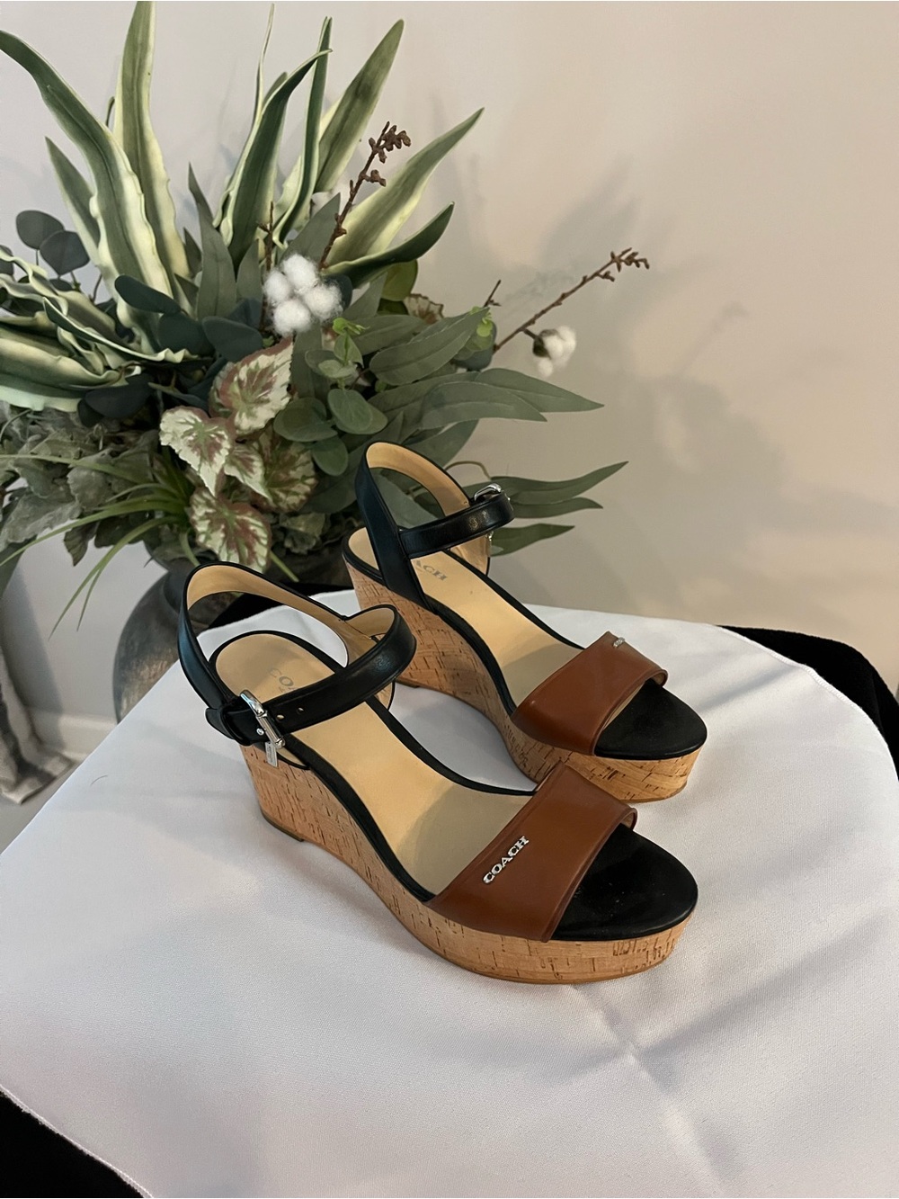 Coach Two-Tone Cork Wedge Sandals in Brown & Black